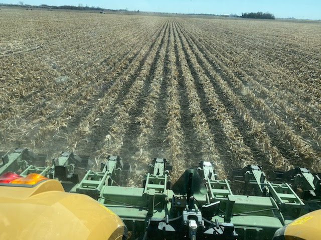 View from the tractor during a 2020 strip-till pass through corn residue.